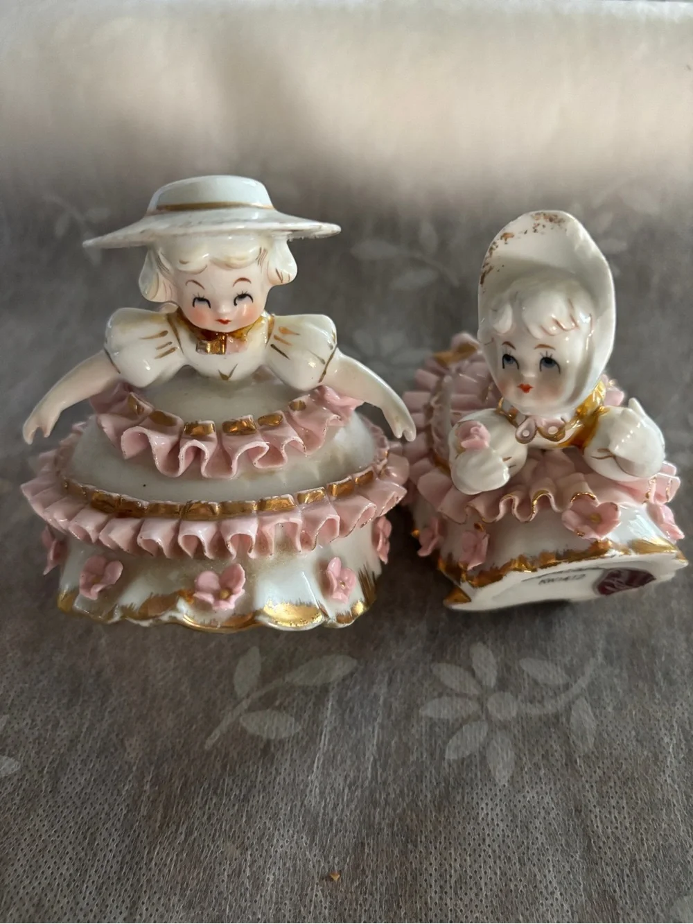 Vintage Porcelain Girl Figurine Set of 2 Bloomer Girl Japan As is